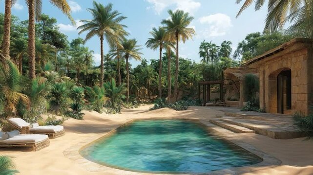 Tropical resort courtyard with pool and lush garden
