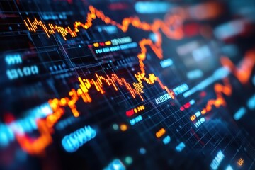 A dynamic financial graph displaying fluctuating stock market trends with vibrant orange and blue lines against a dark backdrop.