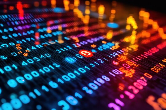 A vibrant digital display featuring colorful numerical data and graphs, illustrating trends in technology and finance. - Powered by Adobe