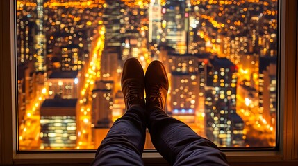Obraz premium Cozy Evening View of City Lights from Open Window with Relaxed Feet