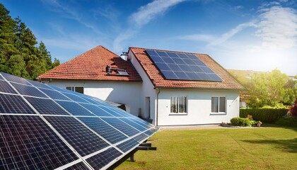 Fototapeta premium heat pump next to the house and solar panels on the roof the concept of an energy efficient home
