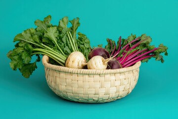 Fresh root vegetables arranged in a woven basket against a vibrant background.