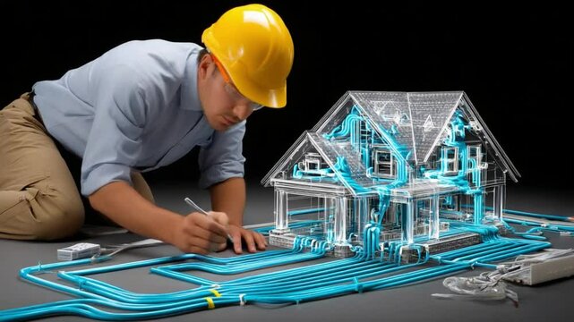 Architect Designing Smart Home: A focused architect kneels, meticulously sketching plans for a futuristic smart home, visualized as a translucent digital model.