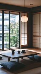 Minimalist Japanese room with low table and cushions, featuring soft natural light.
