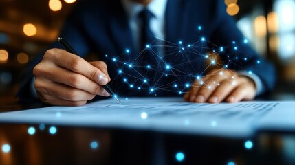 Businessman signing a document with digital network overlay