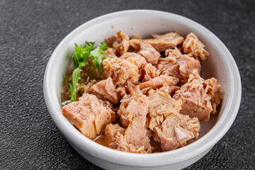 Tuna canned fish seafood appetizer dish organic product fresh tasty gourmet food background on the table rustic food top view copy space keto and paleo pescetarian diet