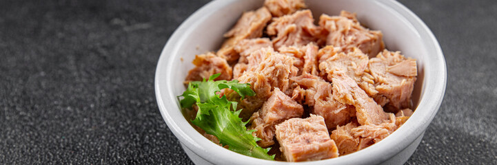 Tuna canned fish seafood appetizer dish organic product fresh tasty gourmet food background on the table rustic food top view copy space keto and paleo pescetarian diet