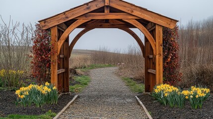 Wooden archway entrance to gravel path, flanked by daffodils and shrubs, leading to a foggy field.