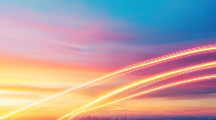 Obraz premium A vibrant sky features colorful gradients and light trails, suggesting movement and dynamism over a city skyline at sunset.