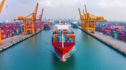 Fototapeta premium Cargo vessel navigating through a canal, massive cranes lining the port in preparation for unloading