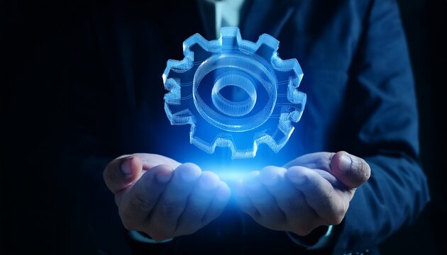 A man is holding a translucent gear assembly on his hand