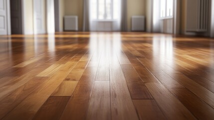 Obraz premium Gleaming Hardwood Floor in a Sunlit Room: Interior Design and Home Improvement