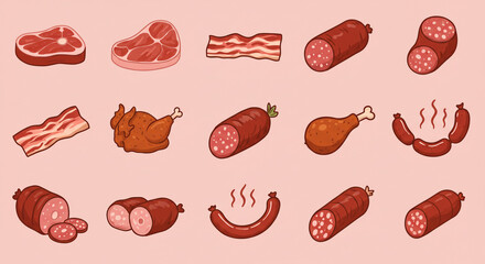 An assortment of meat products including steak bacon chicken sausage and hotdogs on a light background