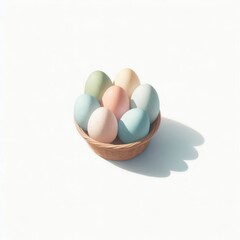 Pastel eggs nestled in woven basket