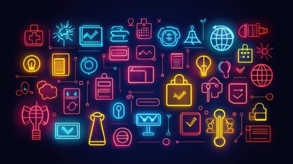 Vibrant neon icons representing technology innovation digital security online communication data sha cloud computing and modern electronic devices in a colorful futuristic design