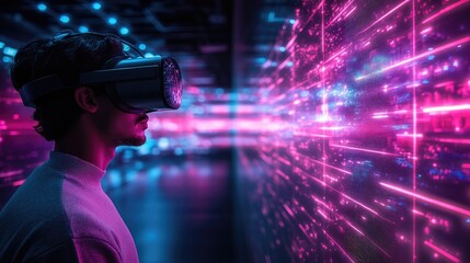 A man wearing a VR headset stands in a futuristic environment, looking at a digital interface.