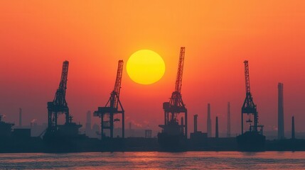 Obraz premium Industrial harbor at sunrise, cargo ships and cranes symbolizing the backbone of international commerce