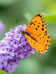 Obraz premium Orange butterfly with black spots perched on lavender blossoms
