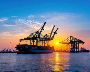 Obraz premium Sunset over a shipping port, cranes silhouetted against the sky as a cargo ship prepares for departure