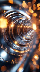 Abstract, metallic tunnel with swirling concentric circles, illuminated by warm golden lights
