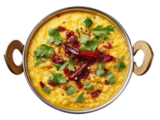 Dal Tadka in a Metal Kadai with Ornate Golden Handles	