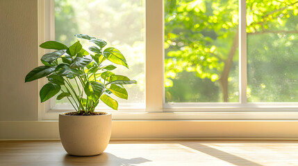 Fototapeta premium Potted Plant On Windowsill In Sunlight