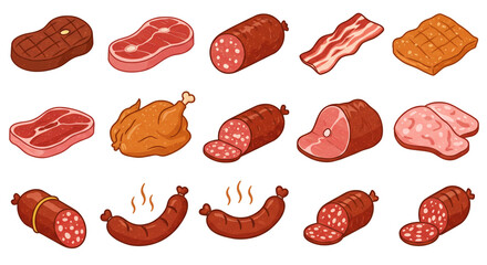Illustration of various meats including steak bacon sausage ham and chicken on a white background