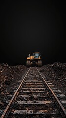 Heavy construction vehicle working on railway tracks du night time with dark sky in the background for infrastructure development and transportation projects