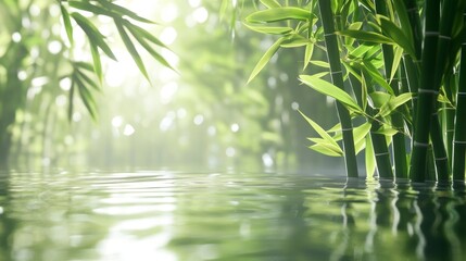 Naklejka premium Lush green bamboo forest reflecting in calm water, sunlit scene.