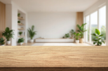 Empty wooden table in beautiful living room. Space for design