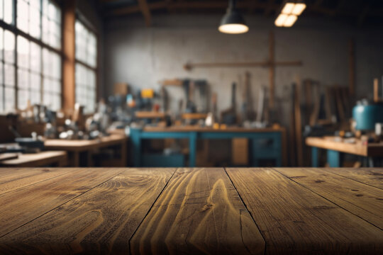 Blur craft workshop interior and empty wooden table top with space for products.