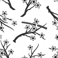 Fototapeta premium Elegant Sakura Blossoms and a Katana A Seamless Pattern of Japanese Aesthetics, Symbolizing Bushido Honor and Tranquil Beauty.