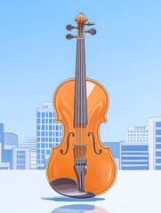 A polished violin stands against a city skyline