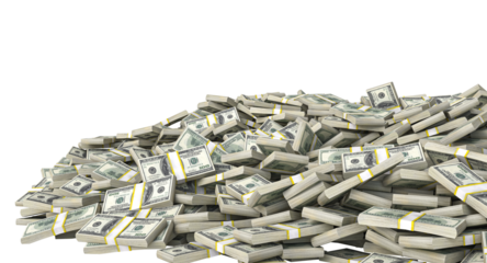 Bundles of one hundred dollar bills forming a small mountain on a transparent background