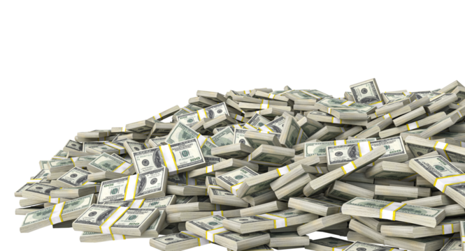 Bundles of one hundred dollar bills forming a small mountain on a transparent background