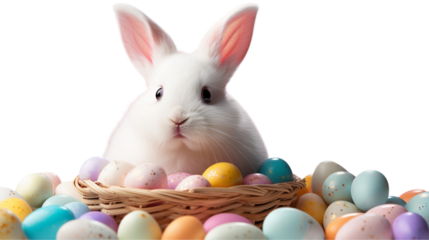 A white bunny in a basket surrounded by easter eggs