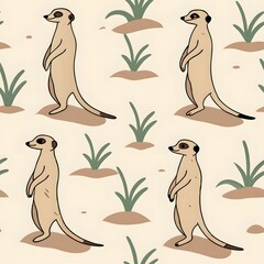 Adorable meerkats stand upright, alert and watchful, amidst pastel sand dunes and sparse desert grass, creating a charming and serene scene.