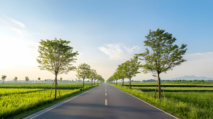 Fototapeta premium Rural Road With Trees At Sunrise