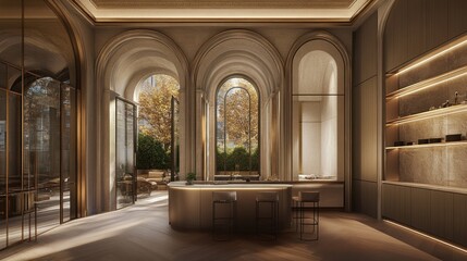 Fototapeta premium Luxurious, arched-windowed interior of a modern, opulent residence.