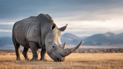 Fototapeta premium A rhinoceros grazing on dry grass in an open savanna landscape with mountains in the background.