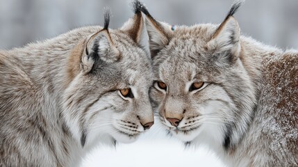 Obraz premium Two Eurasian lynxes touching foreheads in a snowy environment.