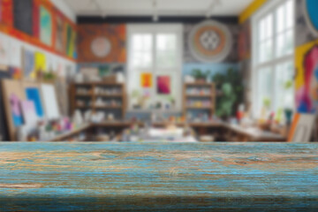 Old wooden tabletop and background of painting supplies in cozy artist studio