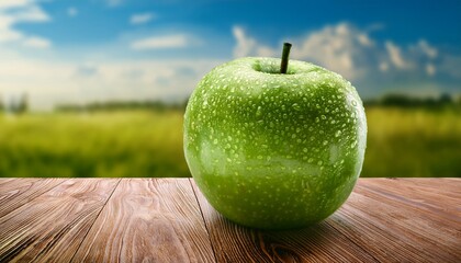 green apple with water droplets on wooden table for national nutrition month