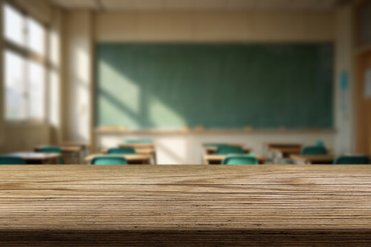 Table top and blur classroom interior