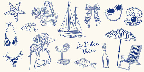 Hand drawn Italian summer vacation illustration set. Vector summer elements in grunge rough doodle sketch style. Sea weekend blue chalk charcoal style drawings for poster, placard or emblem.