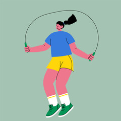 Young woman jumping rope in flat vector style. Colorful fitness illustration for workout apps, health blogs, sports posters, gym ads, or lifestyle magazines.