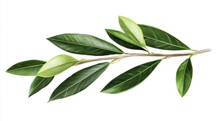 Lush green branch with vibrant leaves isolated on white background.