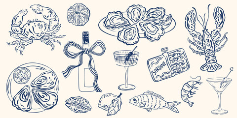 Hand drawn crayon seafood set. Sketch style lunch elements, oysters, mussels, shrimps, ink, crayon or chalk drawing. Vector doodle line art Illustration for placard, poster, menu and package design.