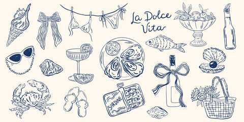 Hand drawn crayon Italian style vacation element. Seaside collection for invitation to beach party. Coastal summer vacation collection blue chalk charcoal style drawings for poster, placard or emblem