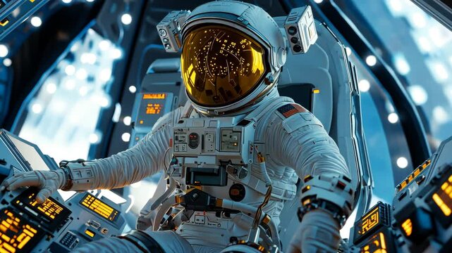 Astronaut adjusting systems in preparation for descent.